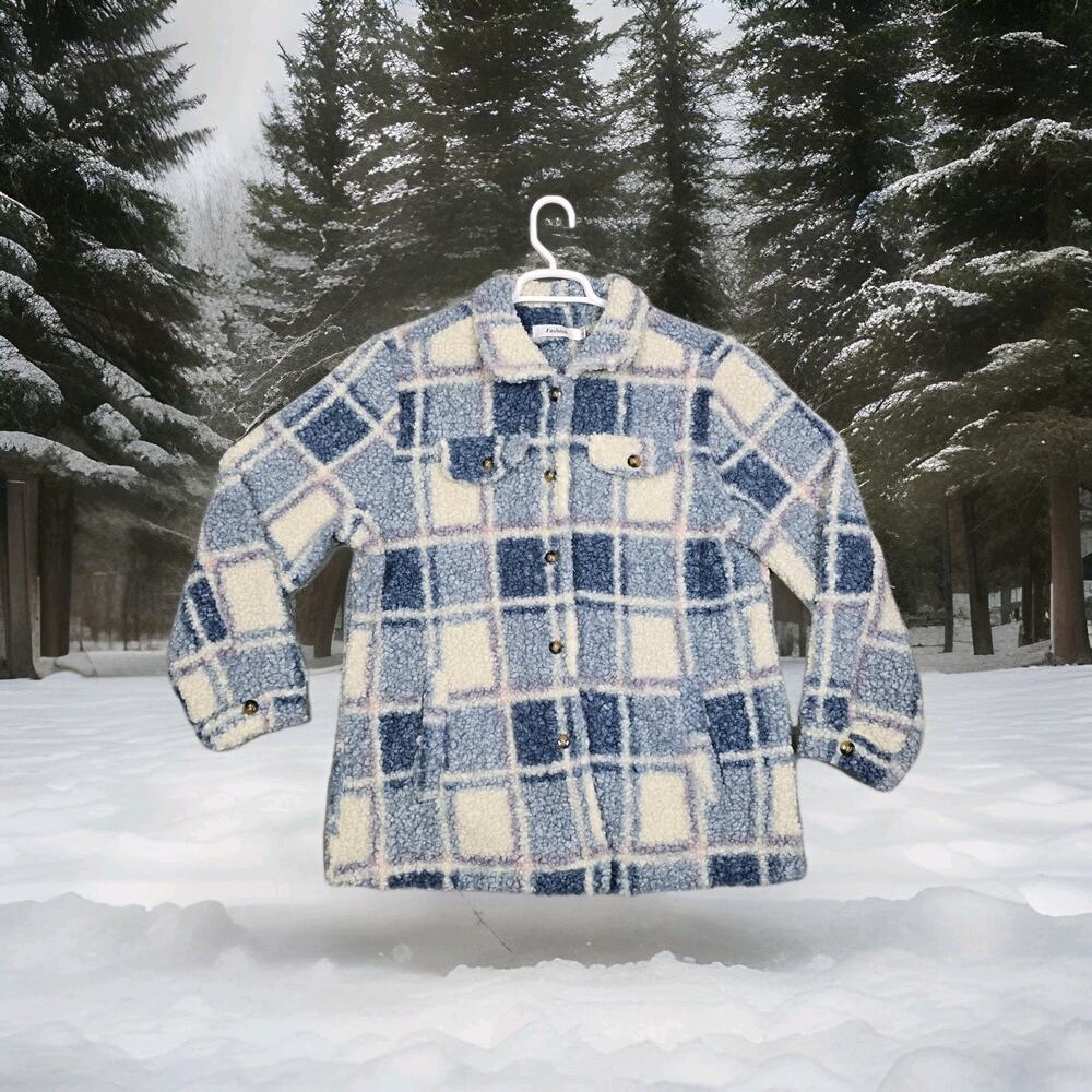 Womens Sherpa Jacket Blue Plaid Button Up Warm Cozy Winter Style White Pink Acce
